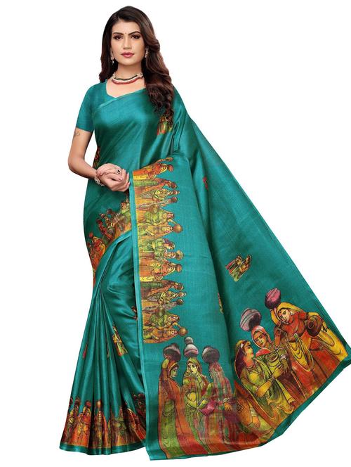 teal colored printed  saree with blouse - 20358146 - Very Small Image - 1