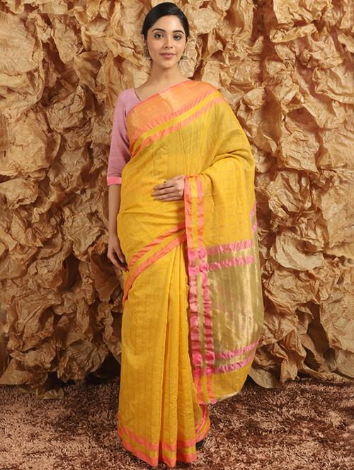 women yellow stripes zari bordered saree with blouse - 20358245 - Very Small Image - 1