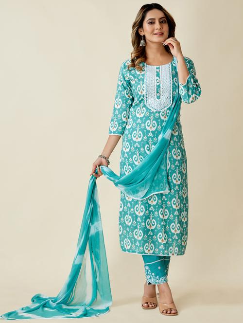women turquoise kurta pant set with dupatta - 20362207 - Very Small Image - 1