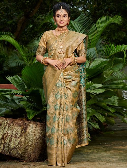 women's self design beige colored saree with blouse - 20363372 - Very Small Image - 1