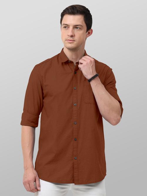 brown solid long sleeves casual shirt - 20364671 - Very Small Image - 1