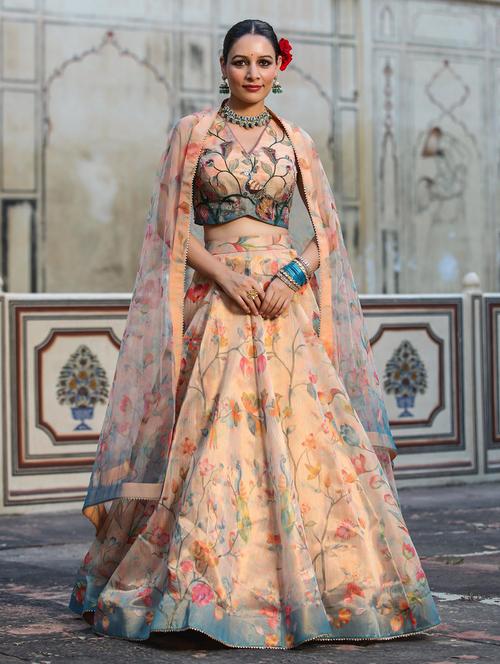 beige flared stitched lehnga  - 20364986 - Very Small Image - 1