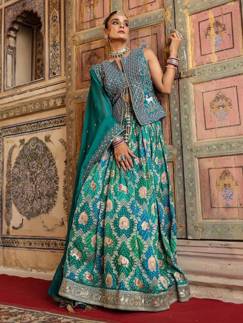 teal flared stitched lehnga  - 20364990 - Very Small Image - 1