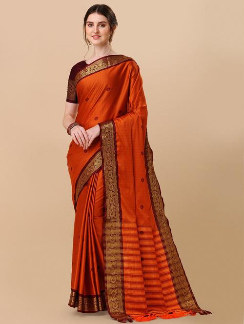 orange self design maheshwari saree with blouse - 20369030 - Very Small Image - 1