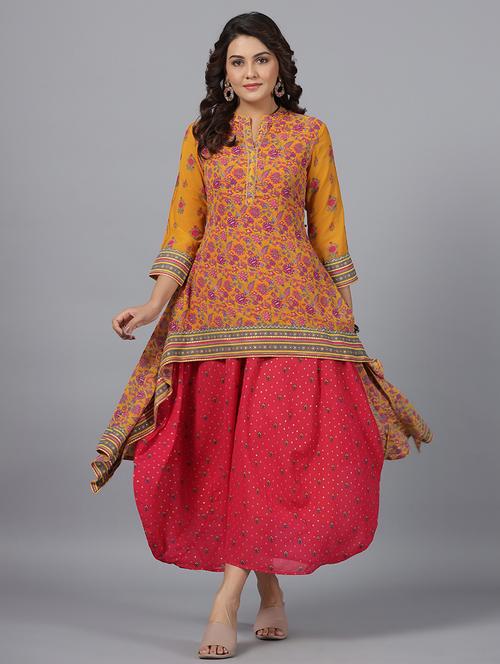 mustard & pink floral printed layered ethnic dress - 20369245 - Very Small Image - 1