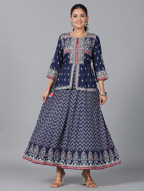 navy blue layered printed ethnic dress - 20369249 - Very Small Image - 1