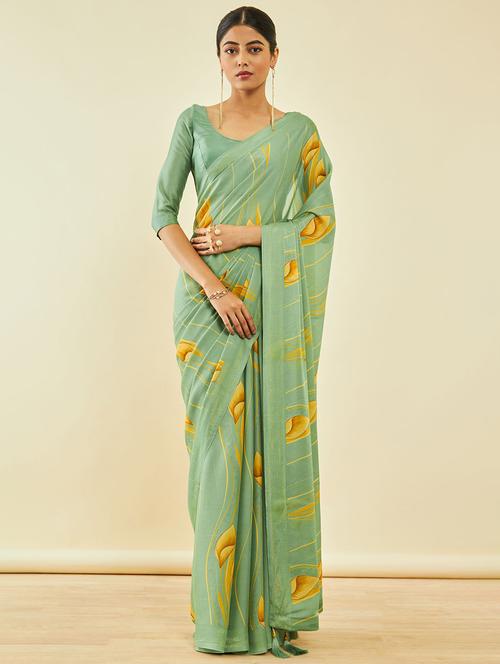 women's printed green colored saree with blouse - 20369638 - Very Small Image - 1