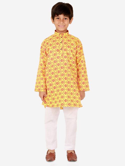 yellow printed mandarin neck kurta set - 20370253 - Very Small Image - 1
