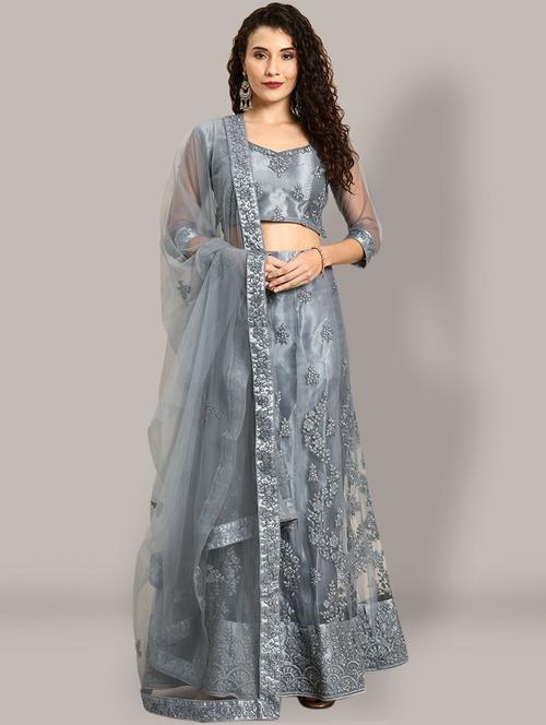 women grey embroidered semi-stitched lehenga - 20373118 - Very Small Image - 1