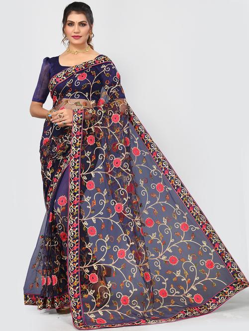women navy blue embroidered net saree with blouse - 20373198 - Very Small Image - 1
