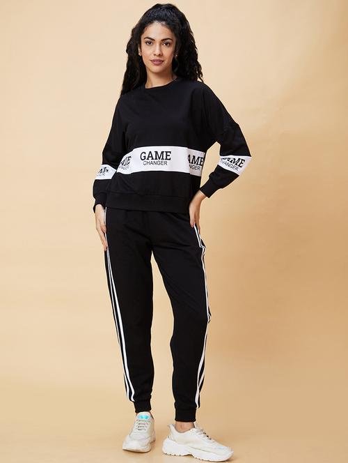 globus women black typography printed boxy fit sweatshirt & side striped joggers co-ord set - 20375079 - Very Small Image - 1