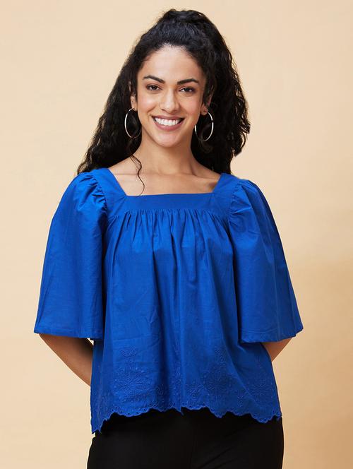 women blue cotton regular top - 20375107 - Very Small Image - 1