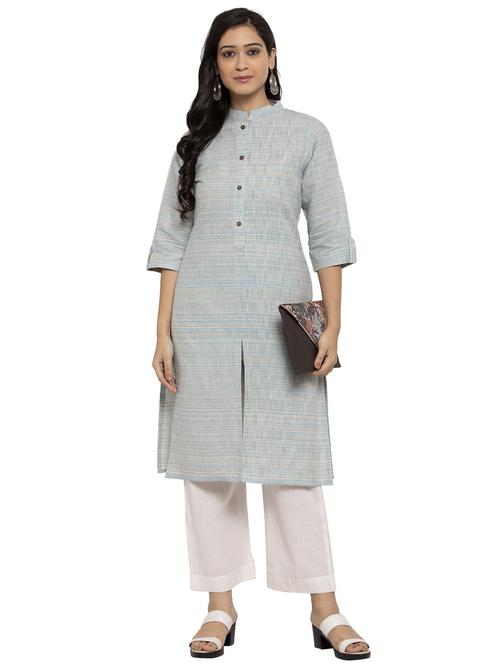 light blue striped mandrain neck straight kurta - 20376000 - Very Small Image - 1
