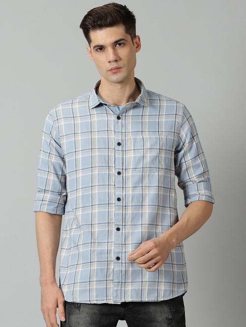 men light blue checkered cotton casual shirt - 20376313 - Very Small Image - 1