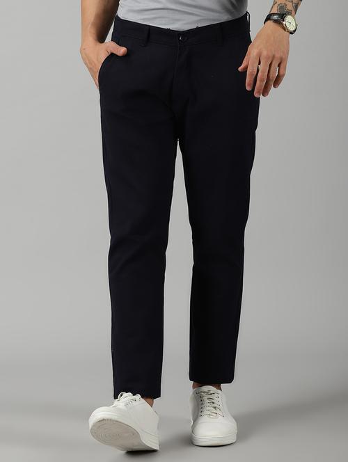 men navy blue solid cotton chinos casual trouser - 20376552 - Very Small Image - 1