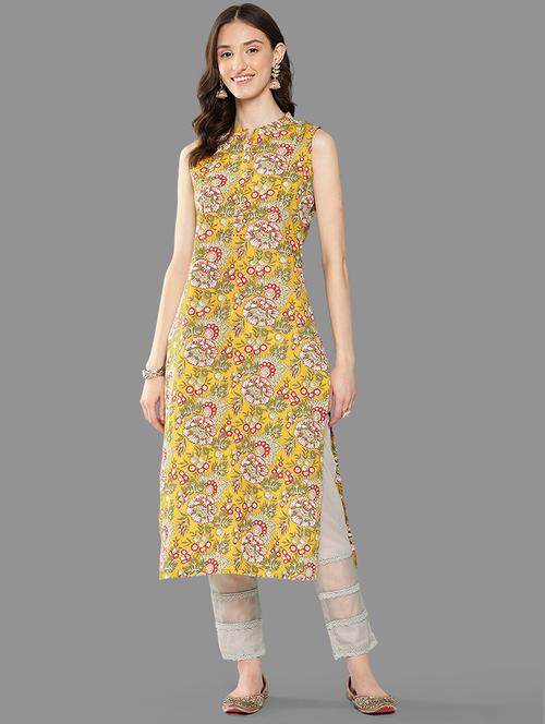 yellow floral printed straight kurta - 20381685 - Very Small Image - 1