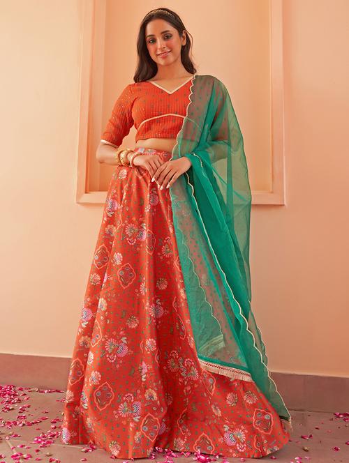 orange floral printed flared stitched lehenga - 20381693 - Very Small Image - 1