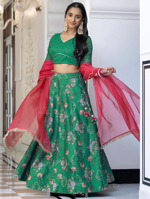 green flared stitched lehenga - 20381698 - Very Small Image - 1