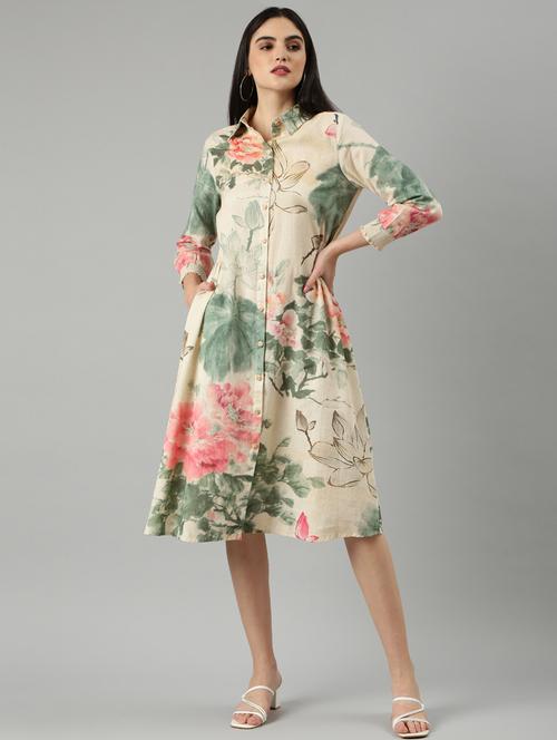 beige floral print shirt dress - 20383404 - Very Small Image - 1