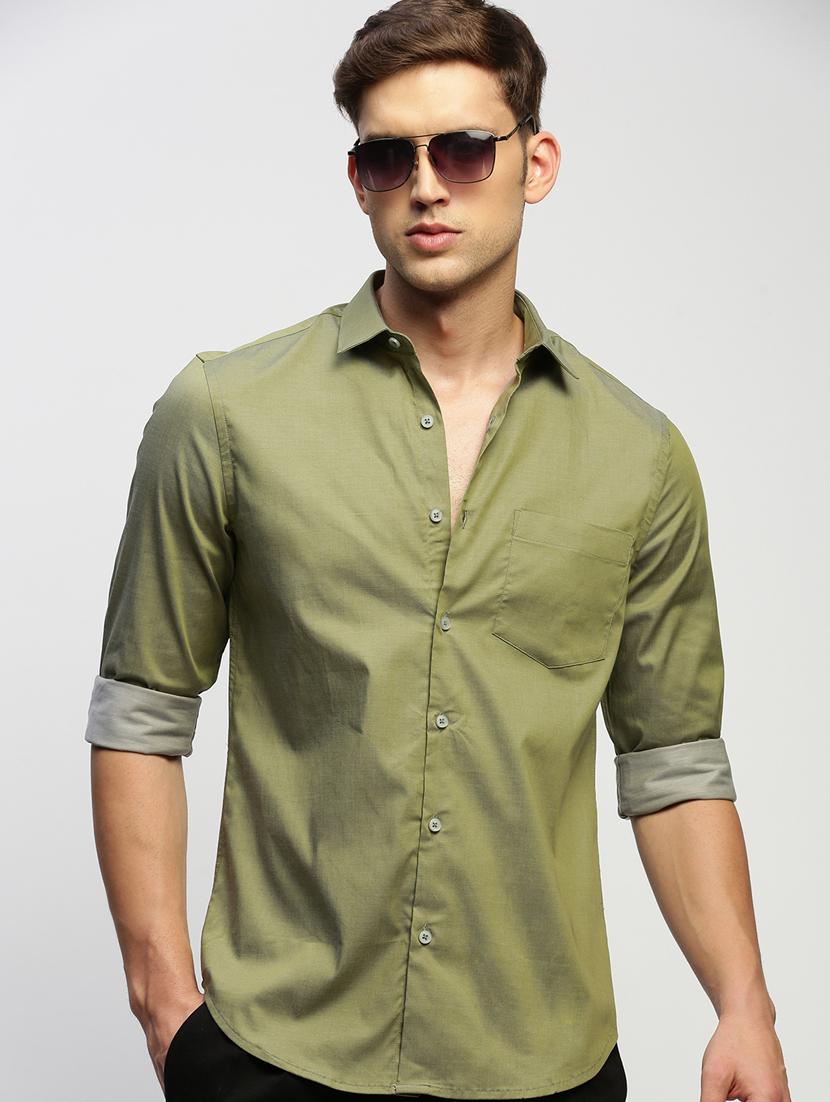 men olive solid cotton blend casual shirt - 20383939 - Standard Image - 4