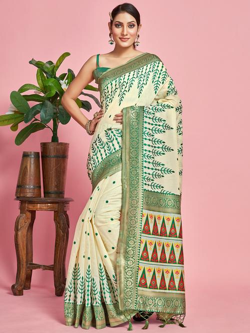 women's floral beige colored saree with blouse - 20384254 - Very Small Image - 1