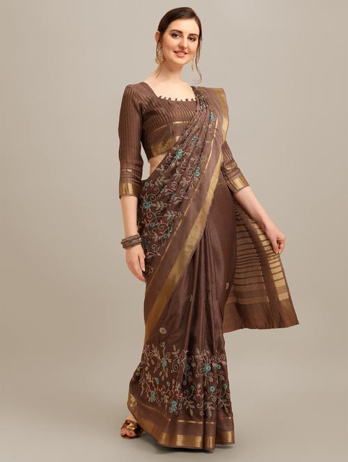 women solid with work saree with blouse - 20384394 - Very Small Image - 1