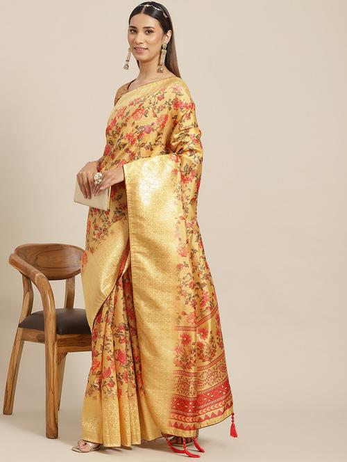 women's floral yellow colored saree with blouse - 20384448 - Very Small Image - 1