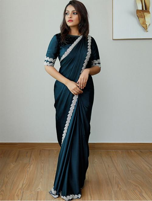 solid satin saree with embroidery on border with blouse - 20385304 - Very Small Image - 1