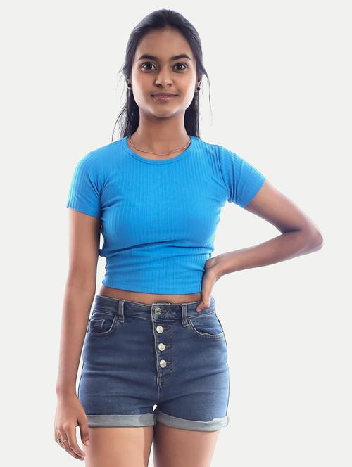 women blue solid back tie up crop top - 20385651 - Very Small Image - 1