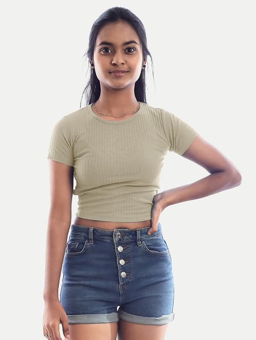 beige solid back tie up crop top - 20385652 - Very Small Image - 1