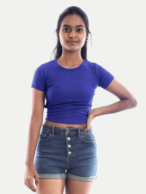 women blue solid back tie up crop top - 20385661 - Very Small Image - 1