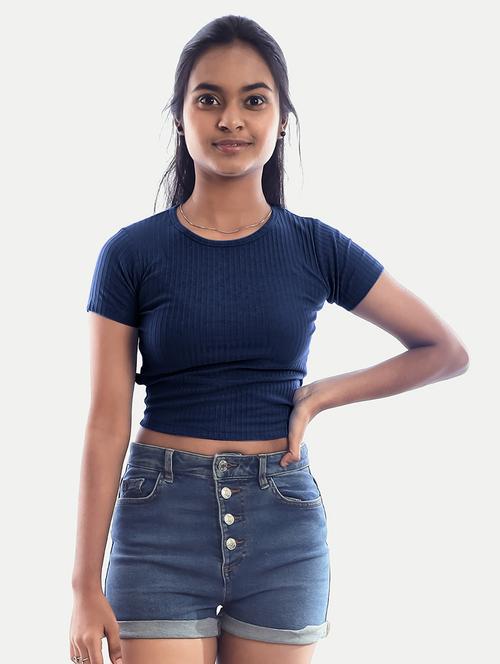 women navy blue solid back tie up crop top - 20385670 - Very Small Image - 1