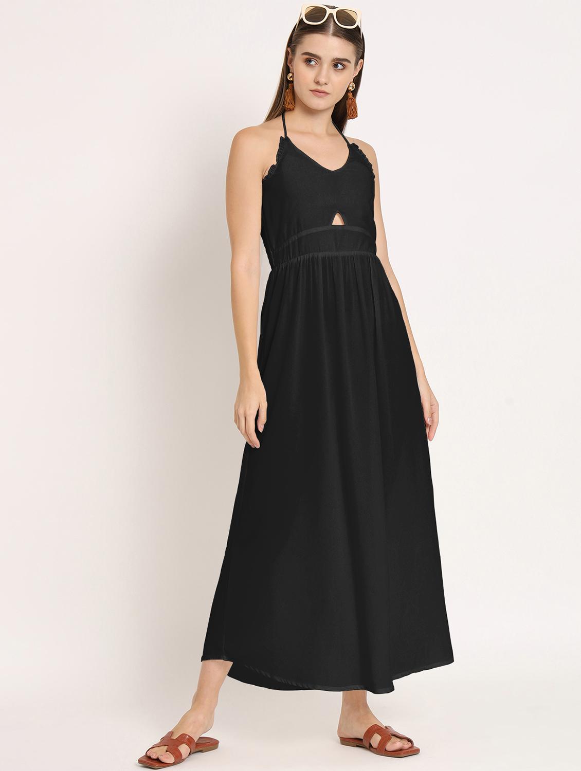 black solid halter neck a-line dress - 20386189 - Standard Image - 3