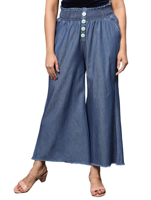 women blue solids denim palazzo - 20386845 - Very Small Image - 1