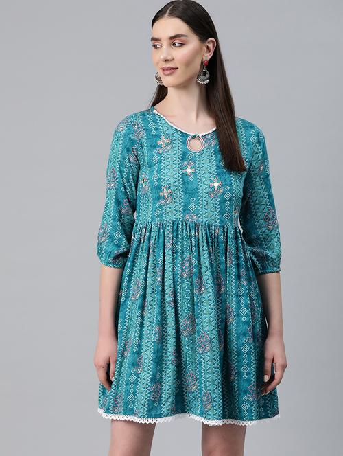 turquoise printed ethnic dress - 20389120 - Very Small Image - 1