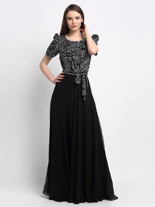 women black round neck flared gown - 20389169 - Very Small Image - 1