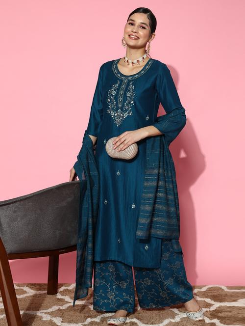 women blue kurta palazzo set with dupatta - 20390169 - Very Small Image - 1