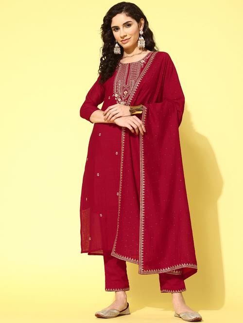 women red kurta pant set with dupatta - 20390519 - Very Small Image - 1