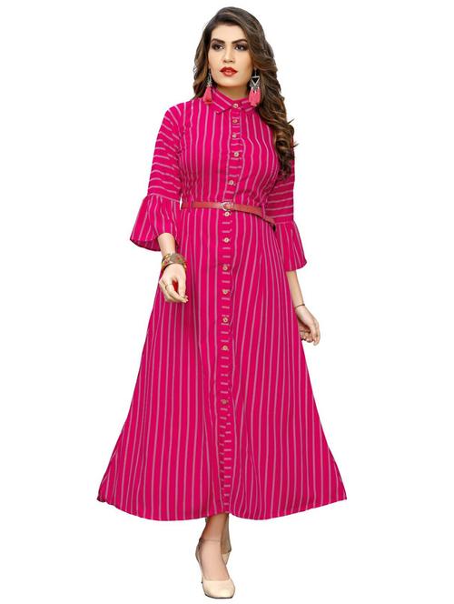 women pink stripes shirt collar a-line dress - 20393476 - Very Small Image - 1