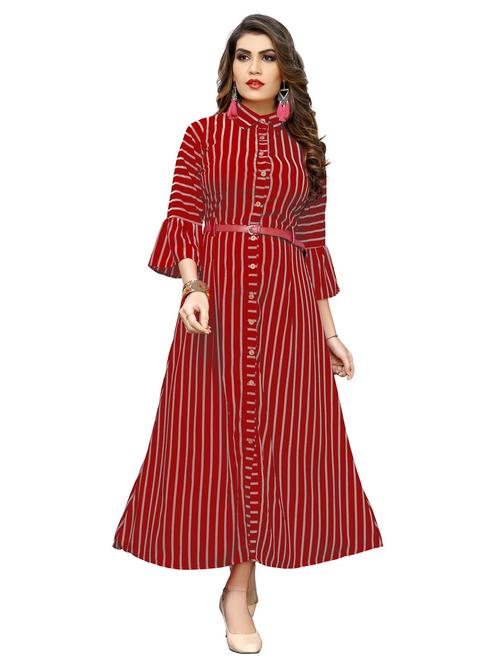 women red stripes shirt collar a-line dress - 20393477 - Very Small Image - 1