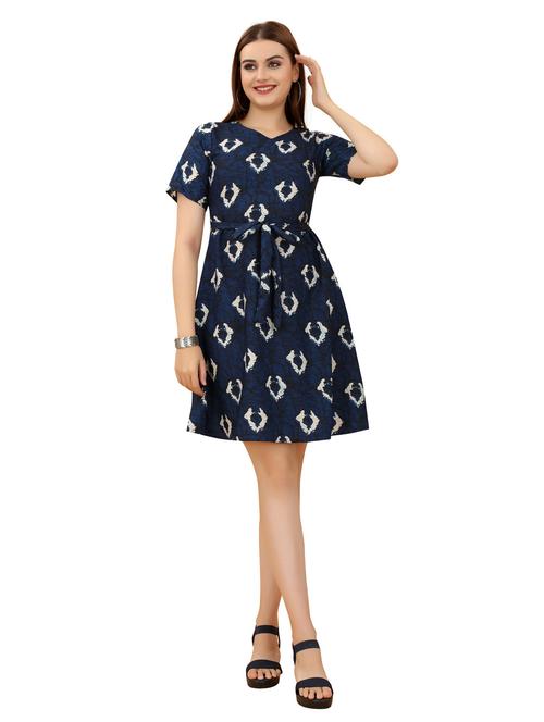 navy blue printed a-line dress with waist tie - 20393620 - Very Small Image - 1