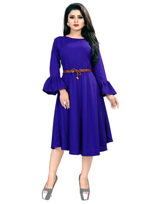 blue solid bell sleeves belted dress - 20393644 - Very Small Image - 1