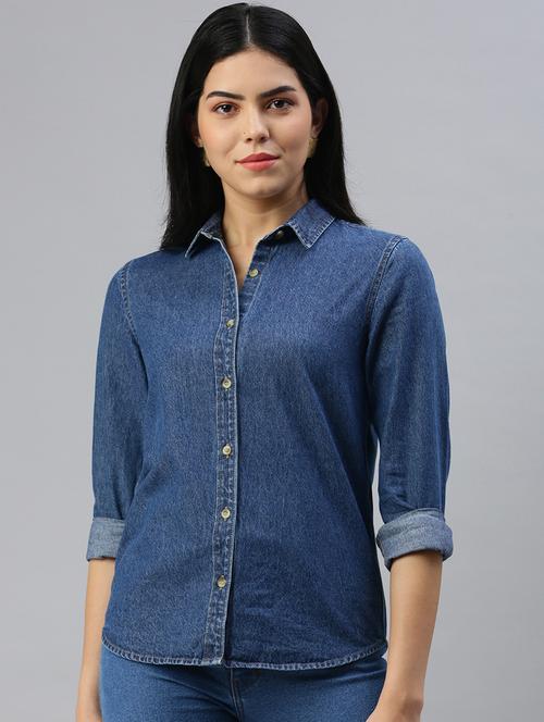 navy blue cotton denim shirt - 20393728 - Very Small Image - 1