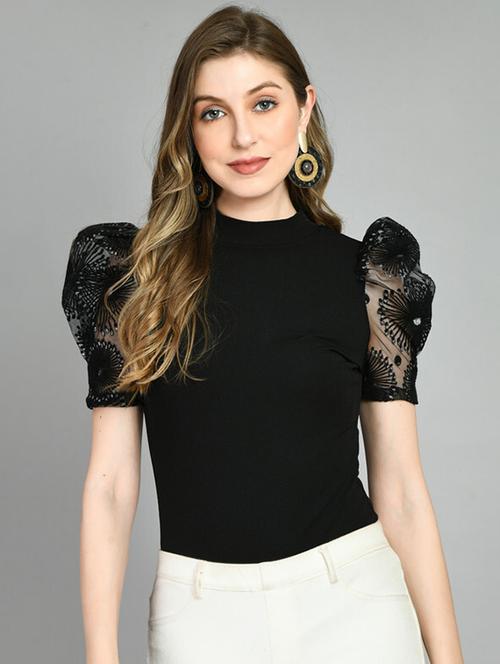 black solid with work puff sleeves regular top - 20394596 - Very Small Image - 1