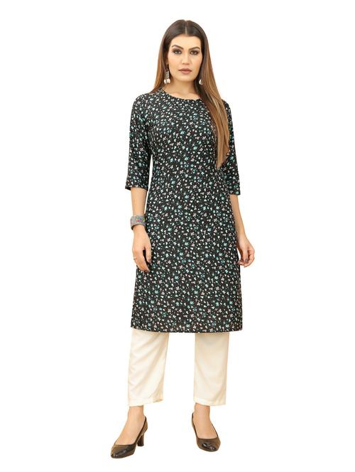 black floral print round neck straight kurta - 20394793 - Very Small Image - 1