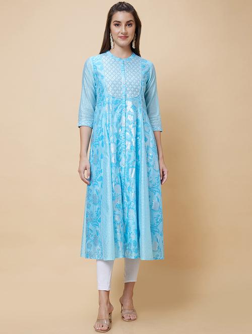 women light blue mandarin neck anarkali kurta - 20394949 - Very Small Image - 1