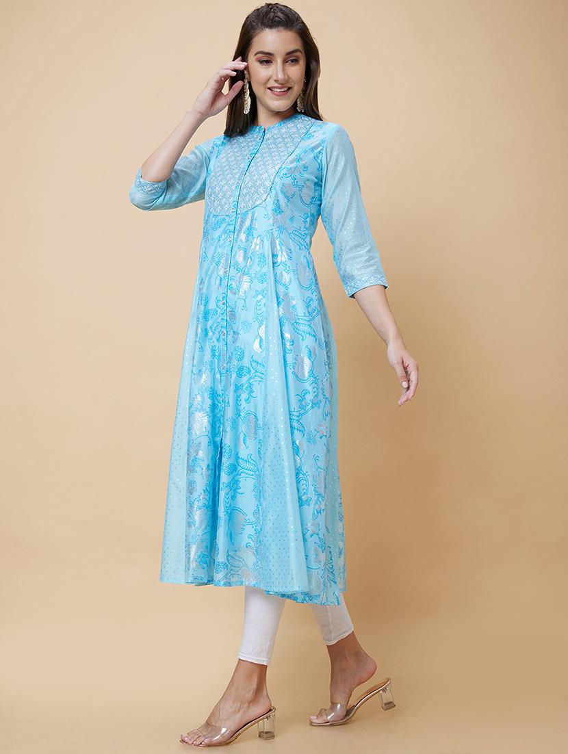 women light blue mandarin neck anarkali kurta - 20394949 - Standard Image - 2