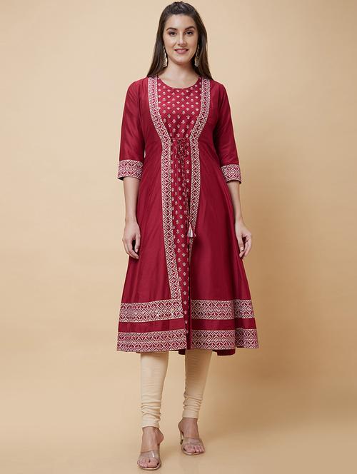 maroon printed kurta with jacket  - 20394952 - Very Small Image - 1