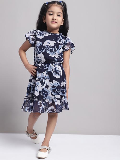 girls navy blue floral short sleeve a-line dress - 20396807 - Very Small Image - 1