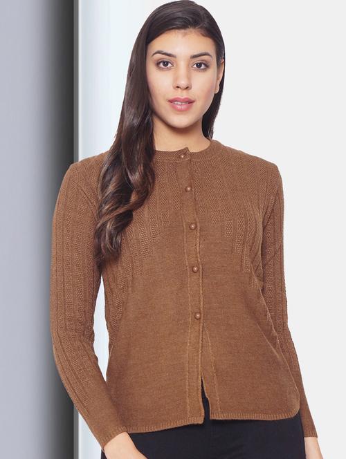 brown crew neck self design cardigan - 20396891 - Very Small Image - 1